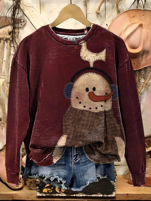 Retro Patchwork Snowman Art Casual Cotton Sweatshirt