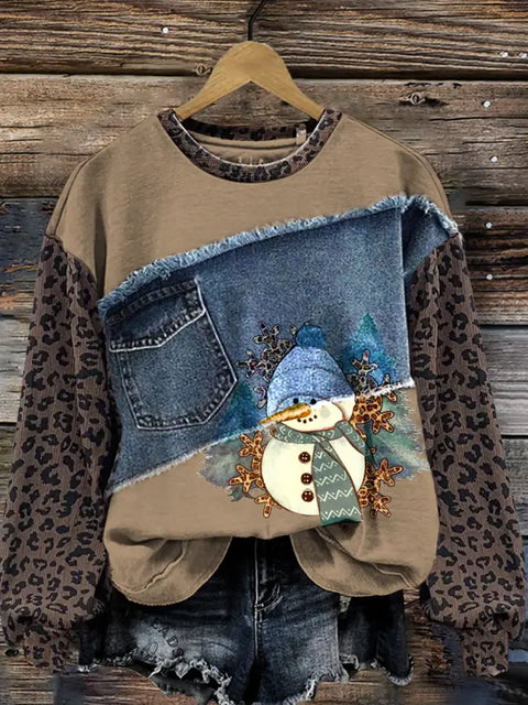 Snowman Print Denim Patchwork Sweatshirt