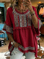 Vintage Ethnic Art Print Patchwork Cotton And Linen Shirt