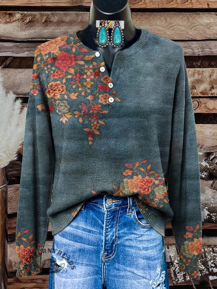 Floral Pattern Art Print Buttoned Cardigan Sweater