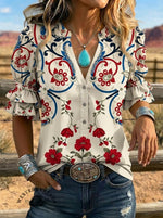 Women's Retro Floral Art Puff Sleeve Casual Shirt
