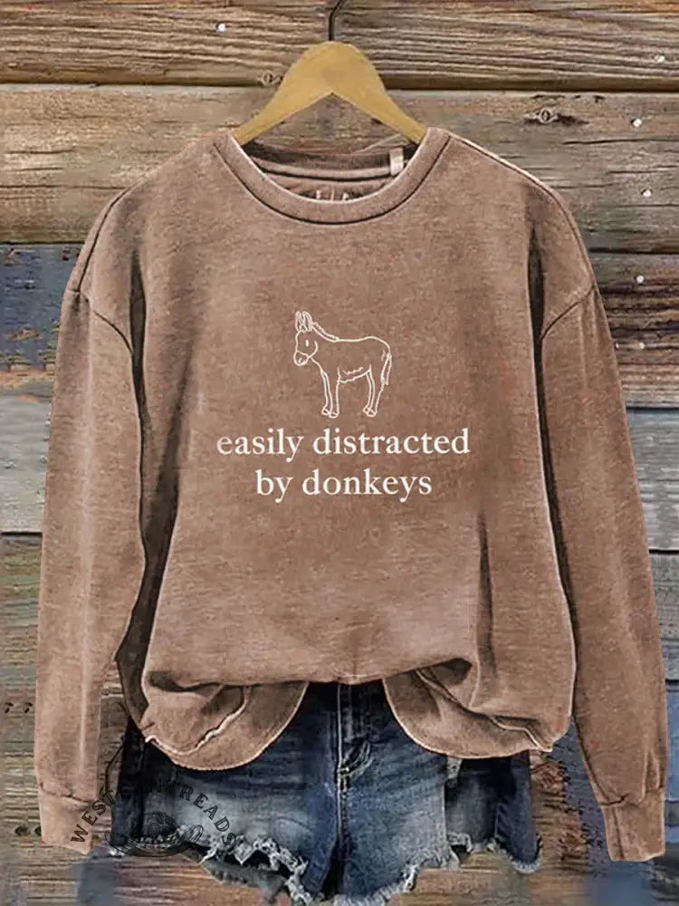 Retro Donkey Print Casual Cotton Sweatshirt