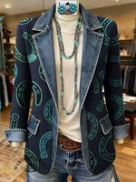 West Print Patchwork Denim Sweater