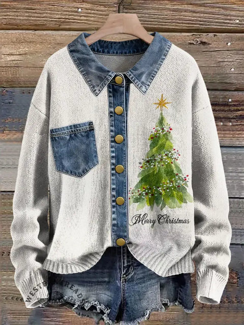 Christmas Tree Print Patchwork Denim Knit Pullover Sweater