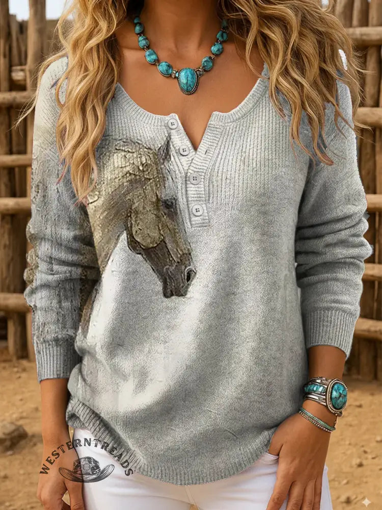 Retro Horse Print Buttoned Cardigan Sweater