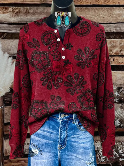 Retro Flower Print Buttoned Cardigan Sweater