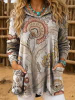Vintage Art Print Casual Knitted Pocket Hooded Tunic Top
