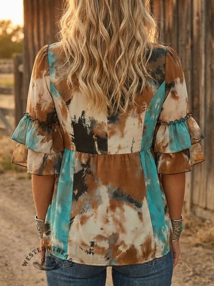 Vintage Abstract Art Print Casual Lace Up Ruffle Shirt