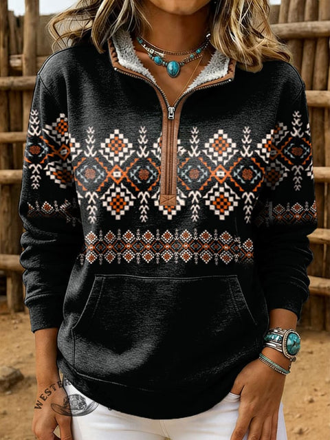 Retro Aztec Print Casual Half-zip Cotton Sweatshirt
