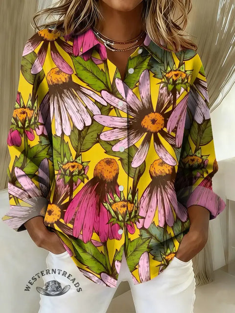 Women's Flower Art Print Casual Cotton Shirt