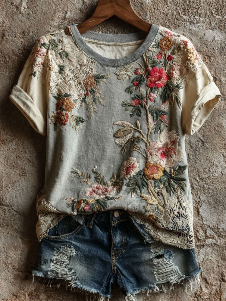 Ethnic Flowers Art Print Casual Short Sleeve T-shirt