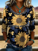 Women's Sunflower Print Casual Hollow Denim Shirt