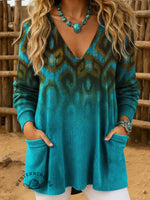 Women's Vintage Printed Casual Knitted V-Neck Pocket Top