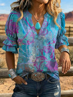 Women's Retro Floral Art Puff Sleeve Casual Shirt