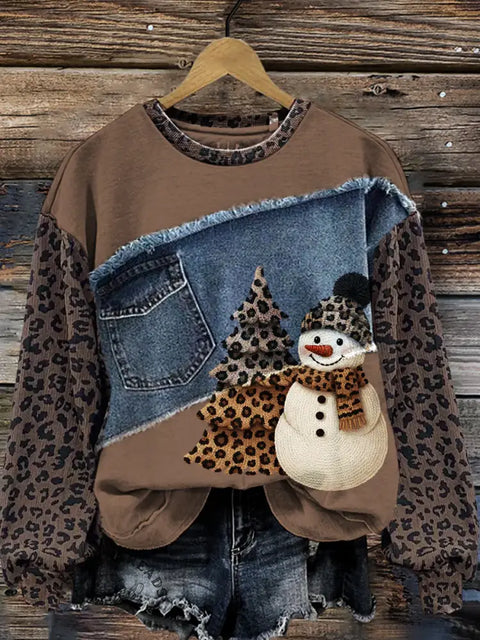 Christmas Tree And Snowman Leopard Print Denim Patchwork Sweatshirt