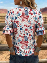 Women's Flag Print Puff Sleeve Casual Shirt