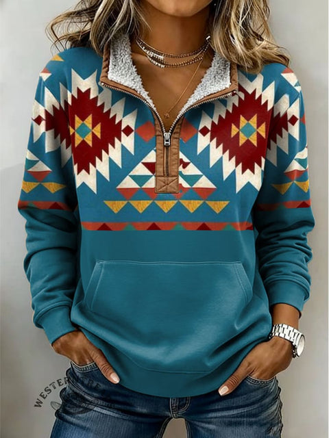 Retro Aztec Print Casual Half-zip Cotton Sweatshirt