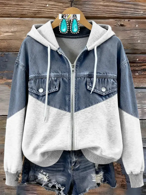 Casual Patchwork Denim Hooded Zip-up Cotton Sweatshirt
