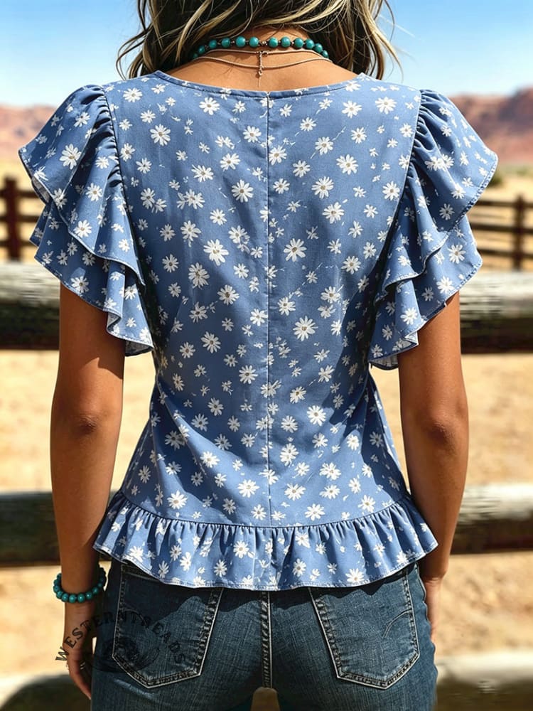 Women's Vintage V-neck Pleated Waist Patchwork Chiffon Casual Shirt