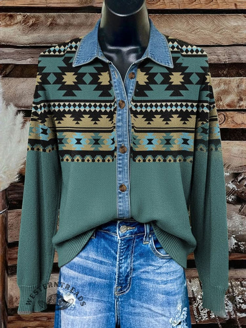 Denim Aztec Polo Collar Button Cardigan Sweater