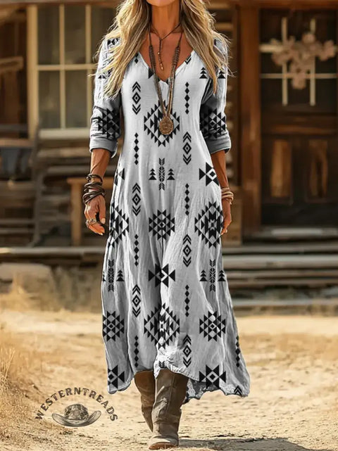 Aztec Print Casual V-Neck Dress