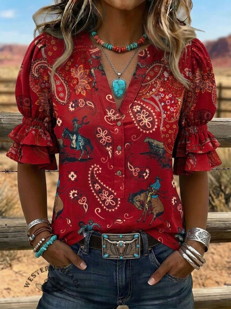 Wild West Art Print V-neck Puff Sleeve Ruffle Shirt