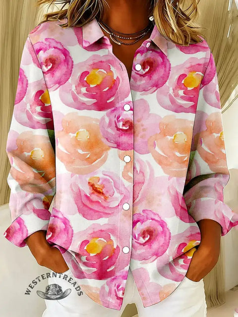 Women's Rose Print Casual Cotton Shirt