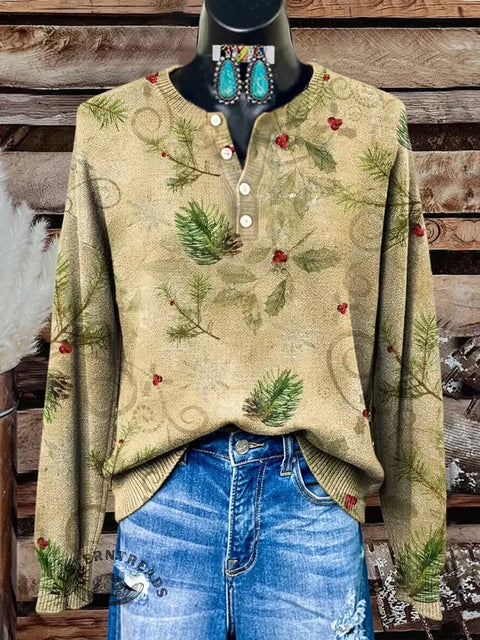 Retro Christmas Floral Print Buttoned Cardigan Sweater
