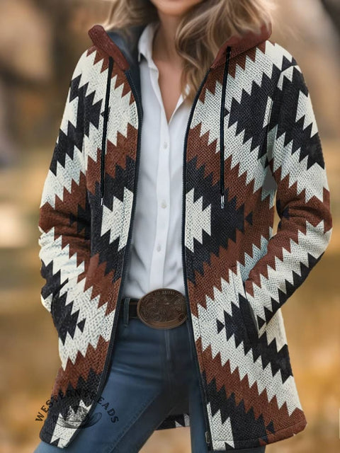 Aztec Print Unisex Plush Thick Long-sleeved Cardigan Coat