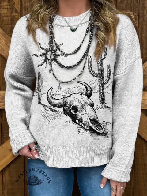 Women's Western Cow Skull Art Print Casual Sweater