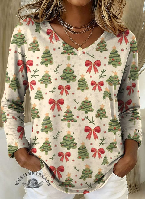 Women's Christmas Print Casual V-Neck Long-Sleeve T-Shirt
