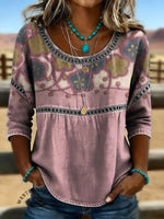 Women's Vintage Print Casual 3/4 Sleeves Hollow Denim Shirt