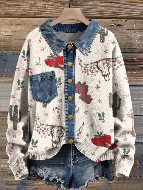 Retro Cowboy Christmas Print Patchwork Denim Knit Pullover Sweater