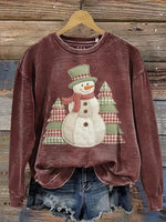 Christmas Patchwork Visual Pine Tree Snowman Casual Cotton Sweatshirt