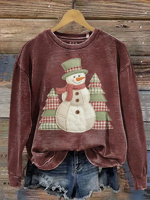 Christmas Patchwork Visual Pine Tree Snowman Casual Cotton Sweatshirt