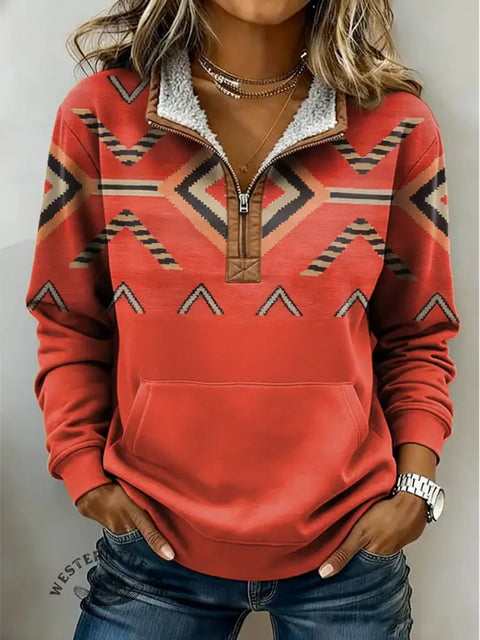 Retro Art Pattern Casual Half-Zip Cotton Sweatshirt