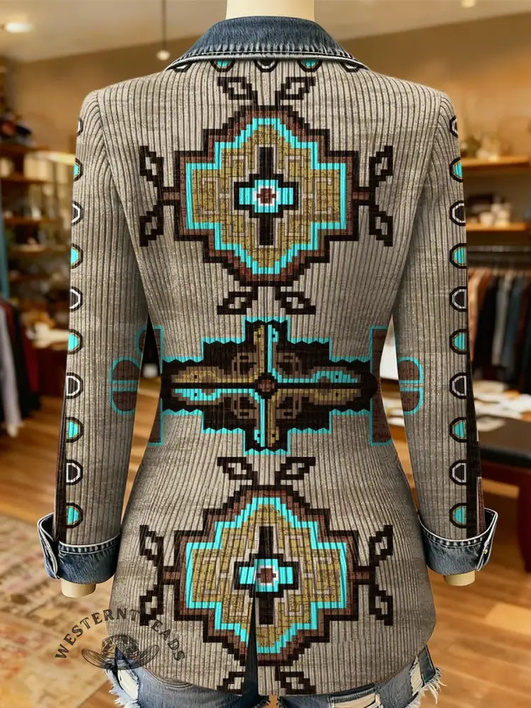 Southwestern Art Print Patchwork Denim Sweater Cardigan Coat