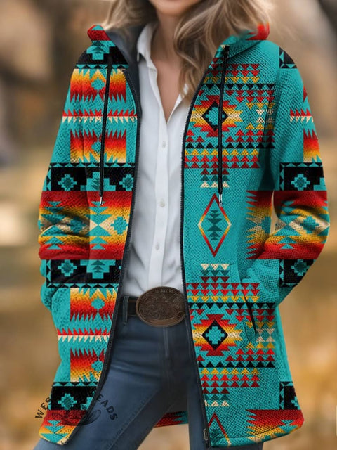 Aztec Print Unisex Plush Thick Long-sleeved Cardigan Coat