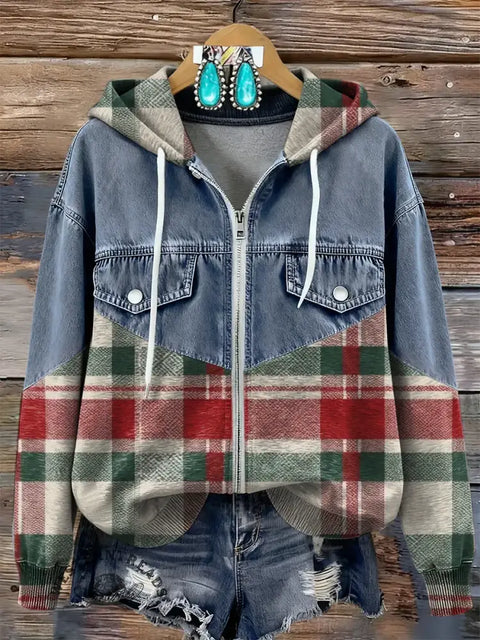 Plaid Patchwork Denim Zip-up Hoodie
