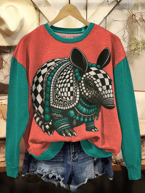 Turquoise Armadillo Print Casual Cotton Sweatshirt