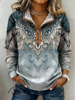 Paisley Print Casual Half-zip Cotton Sweatshirt