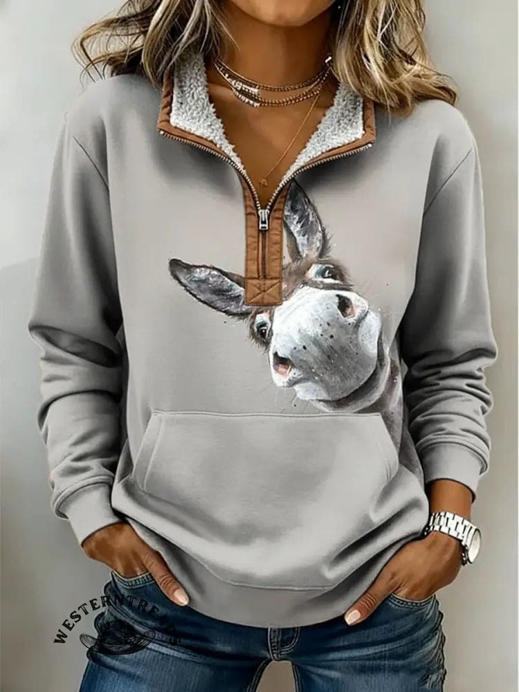 Women's Funny Donkey Print Casual Color-blocked Casual Half-zip Cotton Sweatshirt
