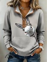 Women's Funny Donkey Print Casual Color-blocked Casual Half-zip Cotton Sweatshirt