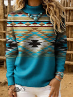 Women's Vintage Aztec Print Casual Turtleneck Sweater