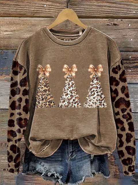 Leopard Print Christmas Tree Casual Cotton Sweatshirt