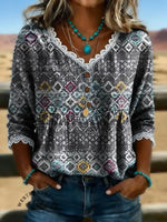 Women's Vintage Floral Print Casual Hollow-out Denim Shirt