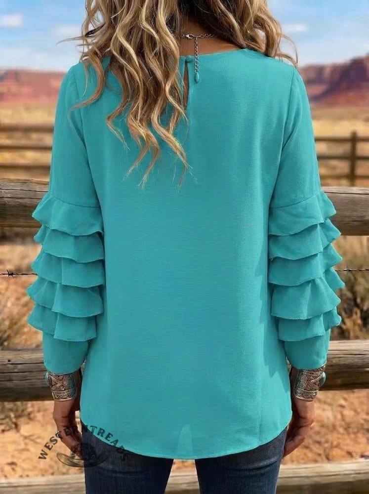 Women's Casual Solid Color Crewneck Ruffle Layered Long Sleeve Blouse Top