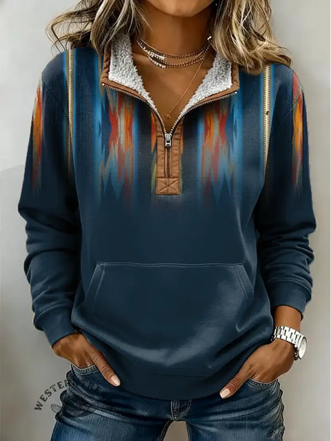 Retro Art Pattern Print Casual Half-Zip Cotton Sweatshirt