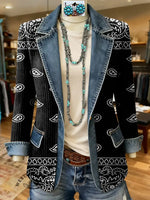 Retro Paisley Art Print Patchwork Denim Sweater Cardigan Coat