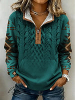 Retro Aztec Knitted Pattern Print Casual Half-zip Cotton Patchwork Sweatshirt